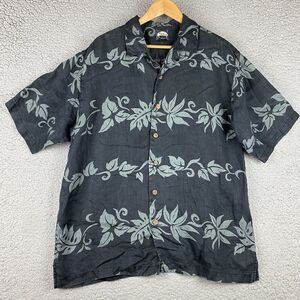 Vintage Tommy Bahama 100% Linen Men’s Hawaiian Shirt Size M Black Floral Camp‎ *
